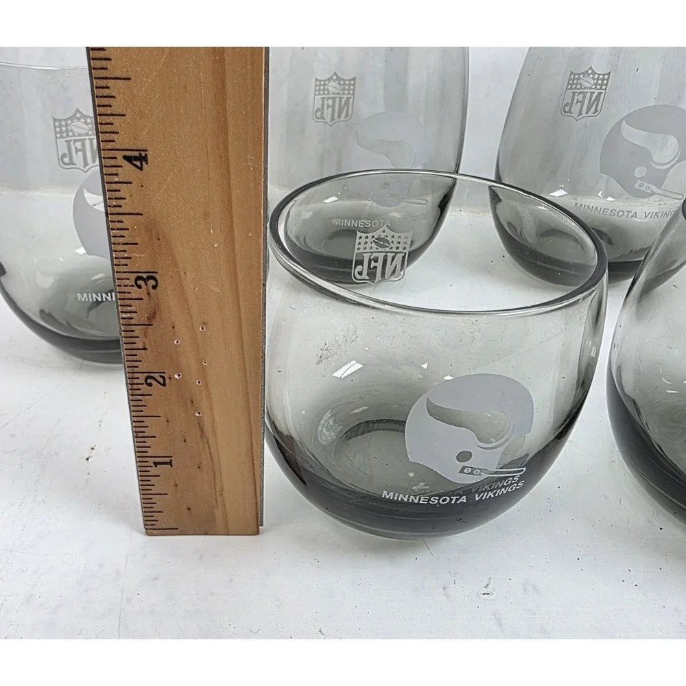 Vintage 1970s Minnesota Vikings Smoked Glass Roly Poly Lowball Tumblers Set of 6